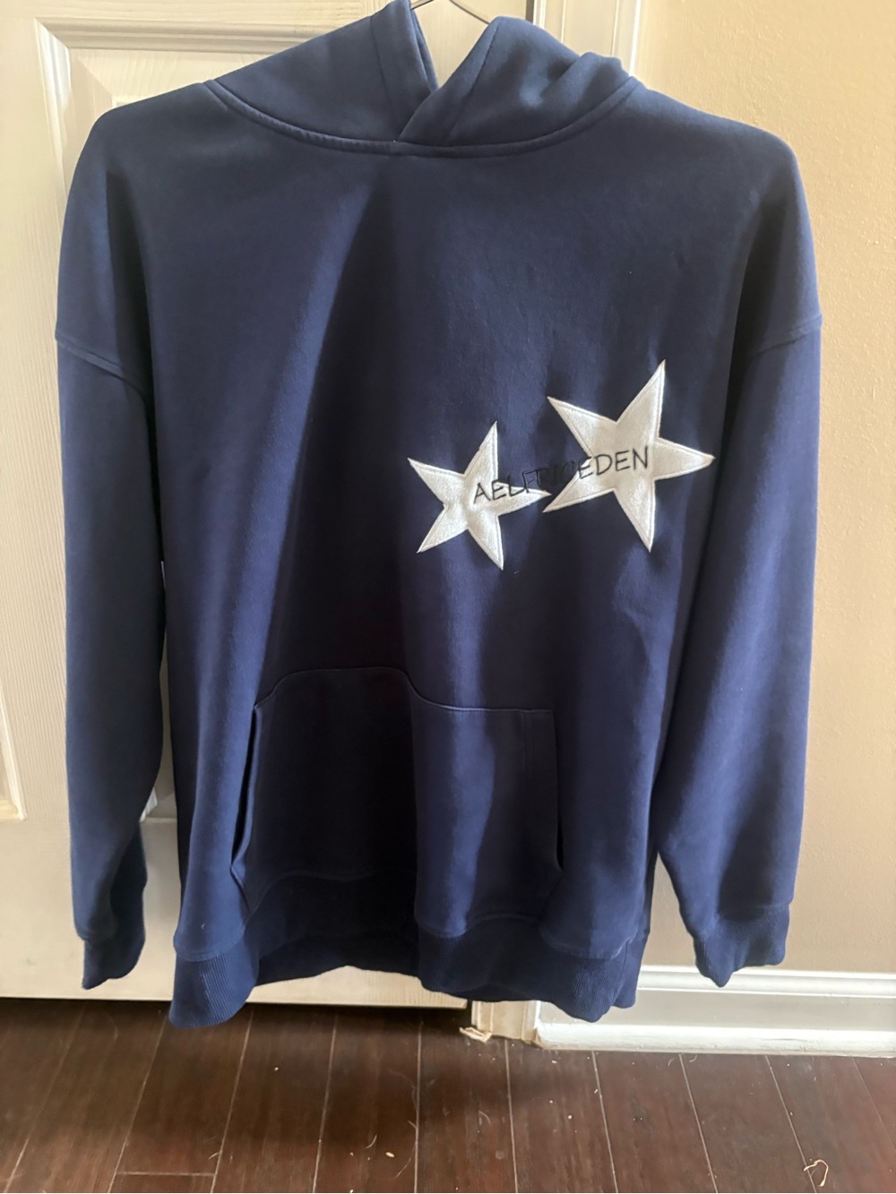 Aelfric Eden Navy Pullover Hoodie with White Logo Tag size Small Like New
